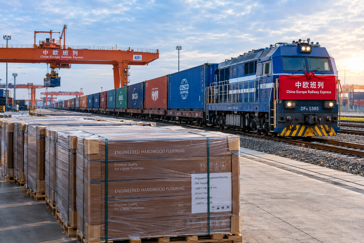 Container train transporting goods at a freight terminal with stacked pallets in the foreground.