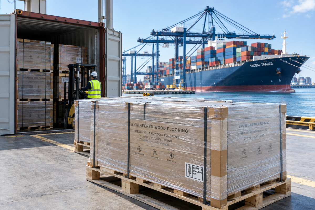 Engineered wood flooring pallets being unloaded at a shipping dock with a cargo ship in the background.