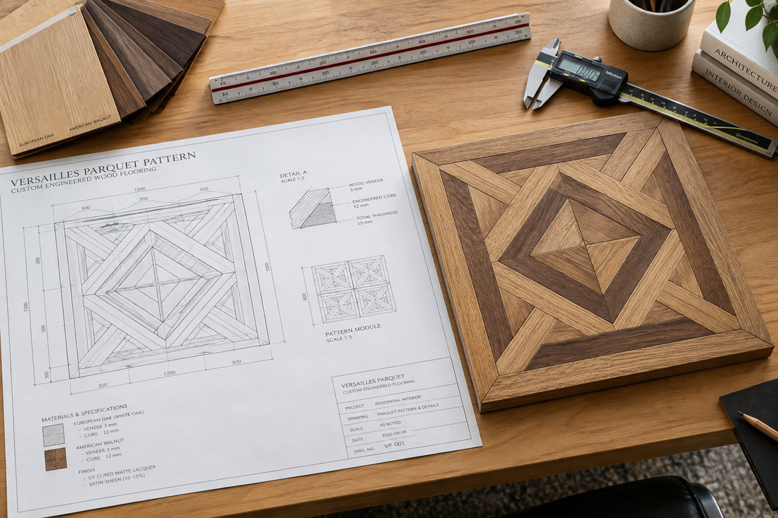 Versatile Sample Pattern showcasing a geometric wood design on a workspace with tools.