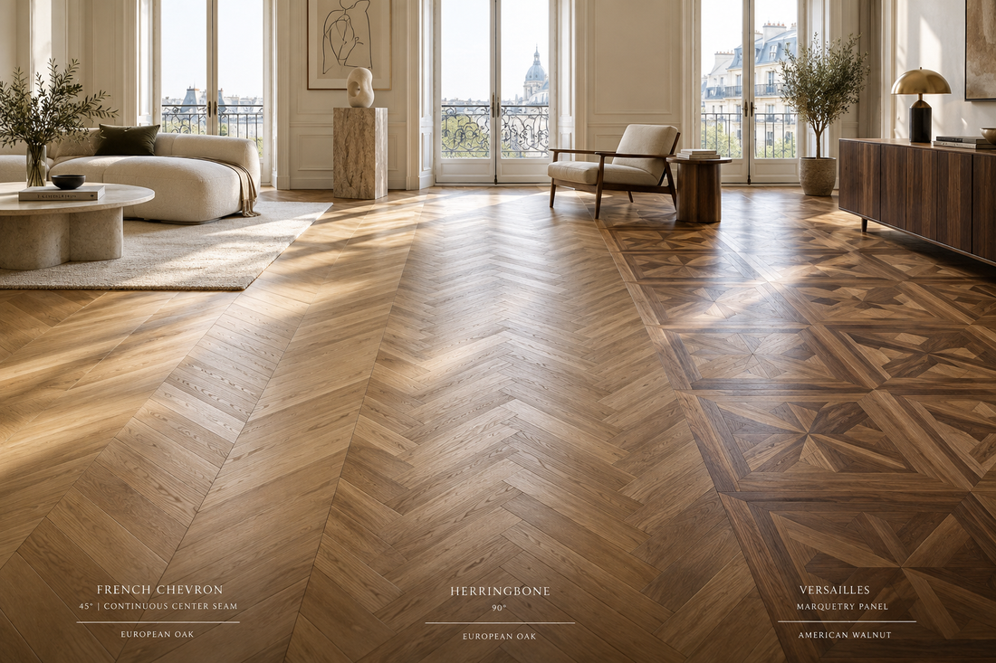 French Chevron hardwood flooring showcasing elegant patterns and warm tones in a spacious room.