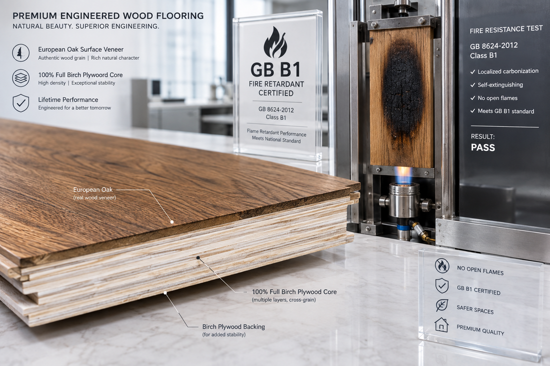 Premium Engineered Wood Flooring showcasing GB B1 fire retardant certification and cross-section details.