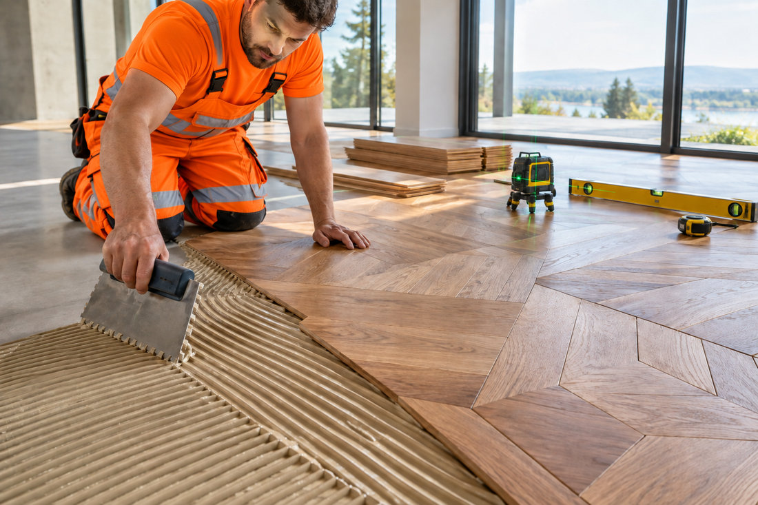 Flooring Installation Tool used by a worker laying wooden planks in a modern interior.