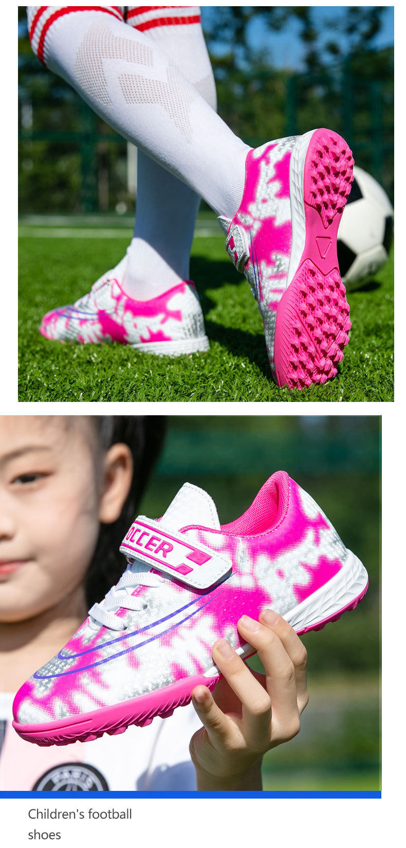 New Football Shoes for Men and Women, Children's Low-top Anti-collision Spike Magic Tape No-tie Grass Training Sports Shoes