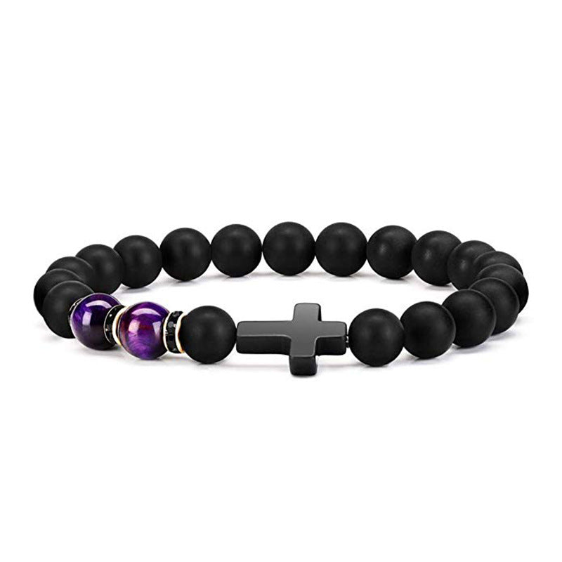 Men's Easter Bracelet Matte8mm Bead Spacer Elastic Bracelet Tiger Eye Stone Black Matte Cross Bracelet