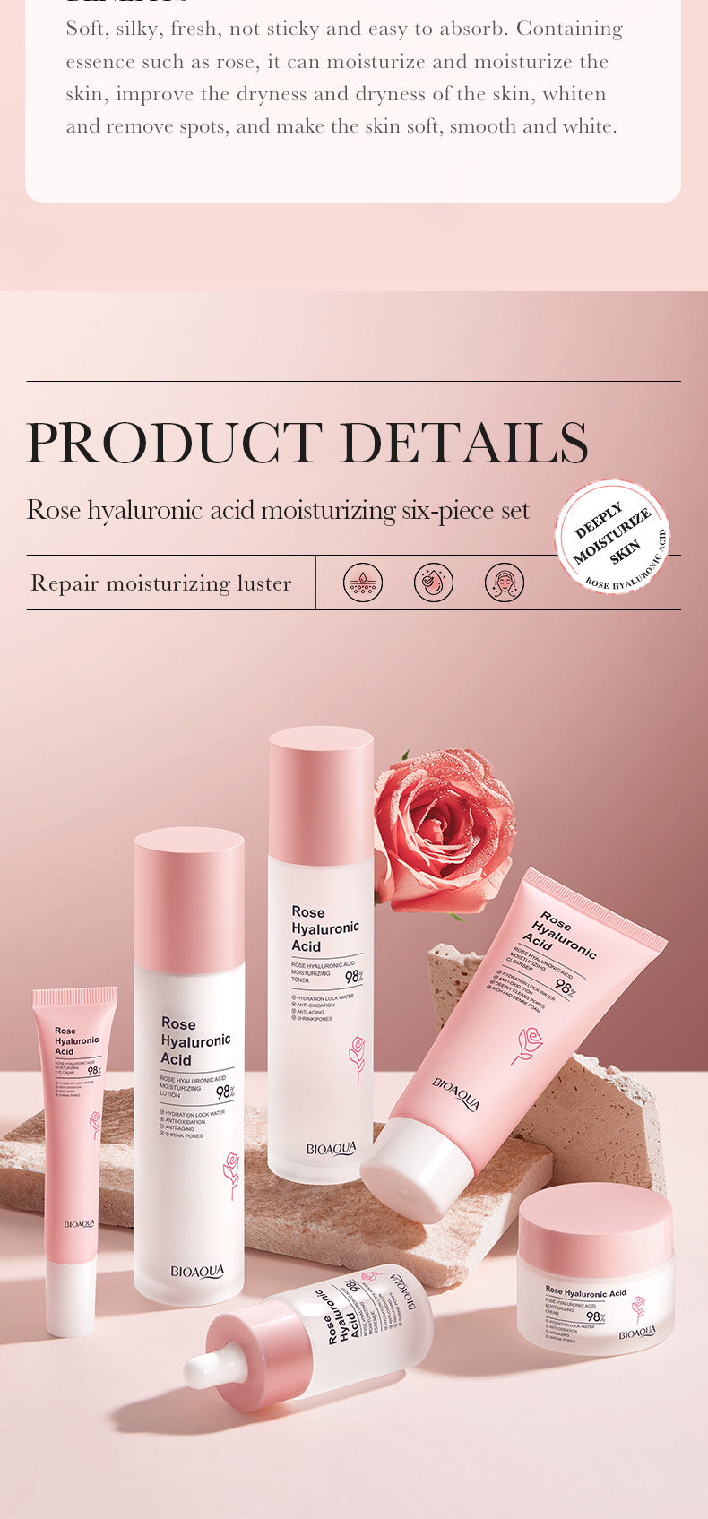 Full English Rose Skincare Set BIOAOUA Hyaluronic acid moisturizing six-piece set  foreign trade wholesale