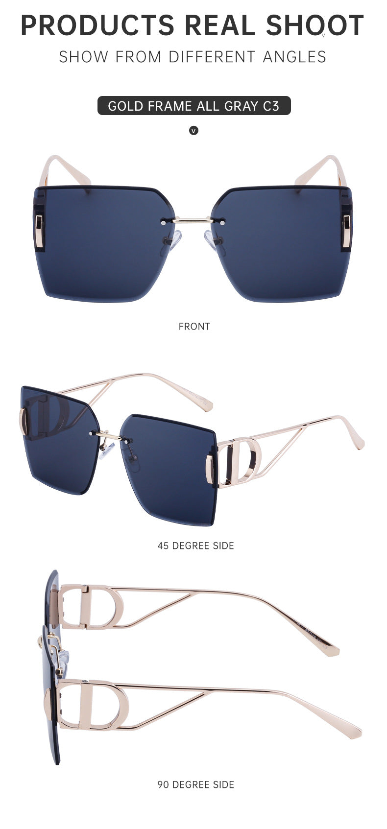 New European and American Fashion Diamond Cut Edge Rimless Sunglasses for Women Trendy Hollow Temple Large Frame Sunglasses Women's Glasses