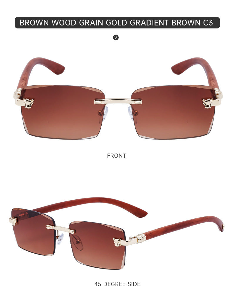 European and American Retro Frameless Sunglasses for Men with Imitation Wood Grain Temples, Men's Mountaineering Glasses shades