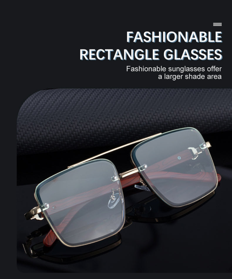 2025New European and American Fashion Square Frame Sunglasses for Men Retro Imitation Wood Grain Temple Double Bridge Sun Protection Sunglasses for Men