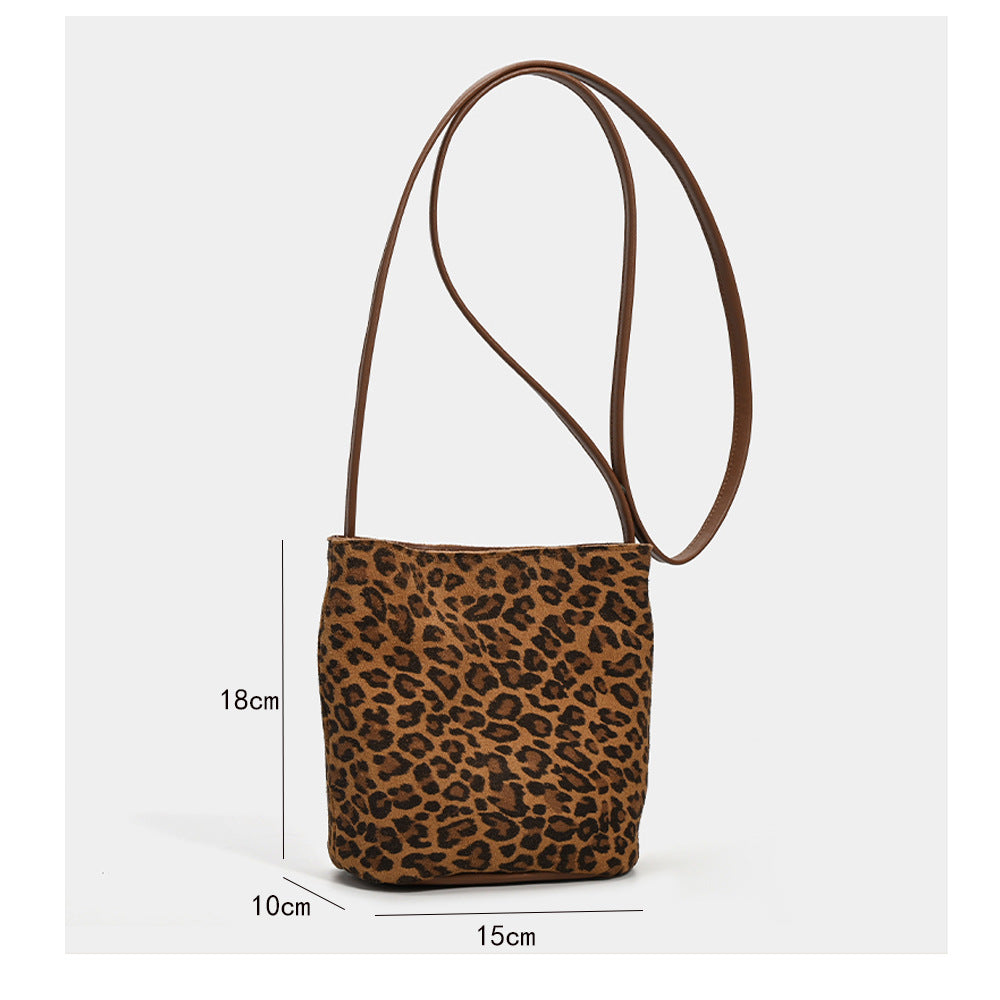 Leopard Print Genuine Leather Bucket Bag Niche Women's Bag Autumn Winter New Versatile High-end Soft Cowhide Single Shoulder Crossbody Bag