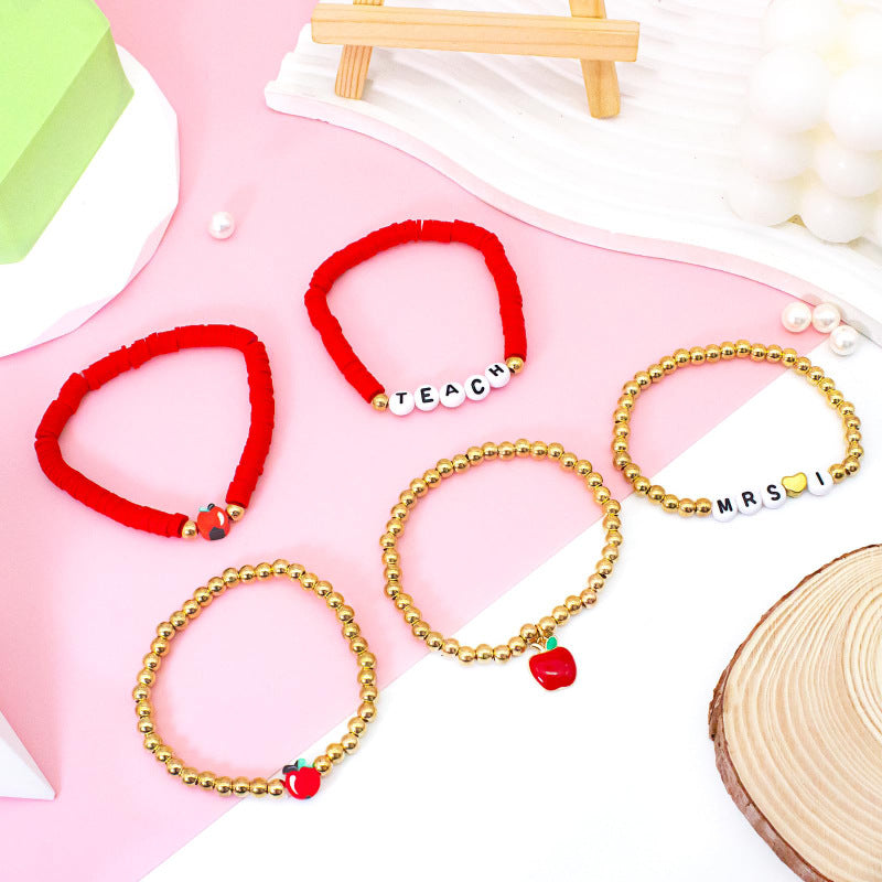 Teacher's Day Thank You Bracelet Set Stackable Soft Clay Heart Gift for Teachers Teach Alphabet Soft Clay Bracelet
