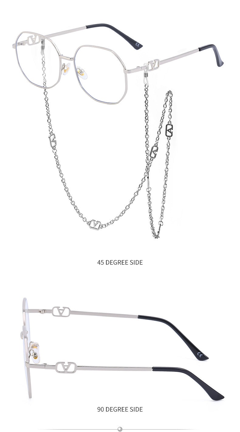 Chain Sunglasses for Women, Internet Celebrity Style, Anti-Drop Chain, Irregular Polygonal Full Frame Sunglasses for Women, Trendy