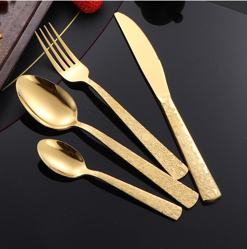 410Stainless Steel Tableware Hotel Restaurant Totem Pattern Knife Fork Spoon Four-Piece Set Western Steak Knife Fork24Set
