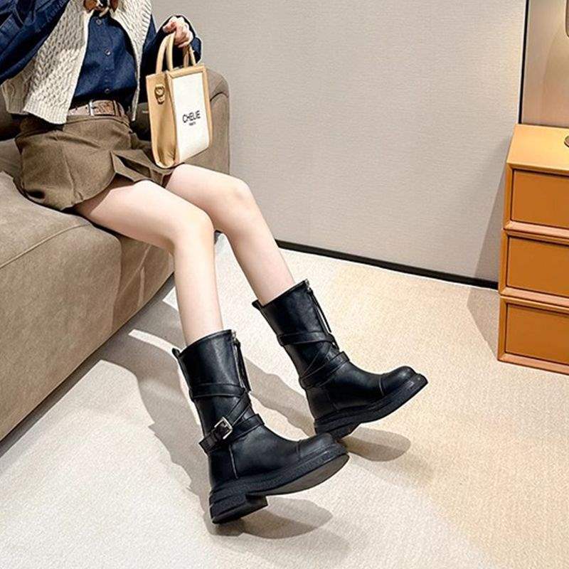 2025Spring and Autumn New Over-the-Knee Boots Women's Martin Boots Belt Buckle Thick-Soled Motorcycle Rider Boots High Tube Fashion Boots