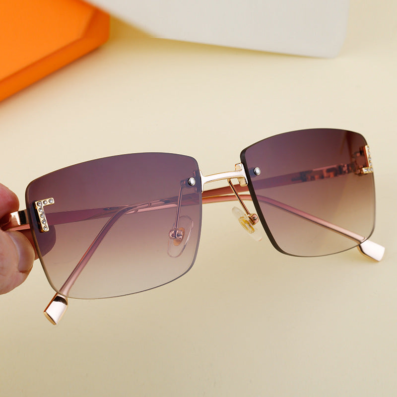 【Customization】European and American Frameless Cut Edge Sunglasses with Rhinestones Square Frame Sunglasses for Women sunglasses