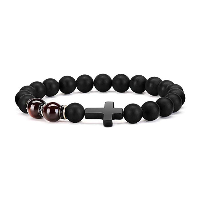 Men's Easter Bracelet Matte8mm Bead Spacer Elastic Bracelet Tiger Eye Stone Black Matte Cross Bracelet