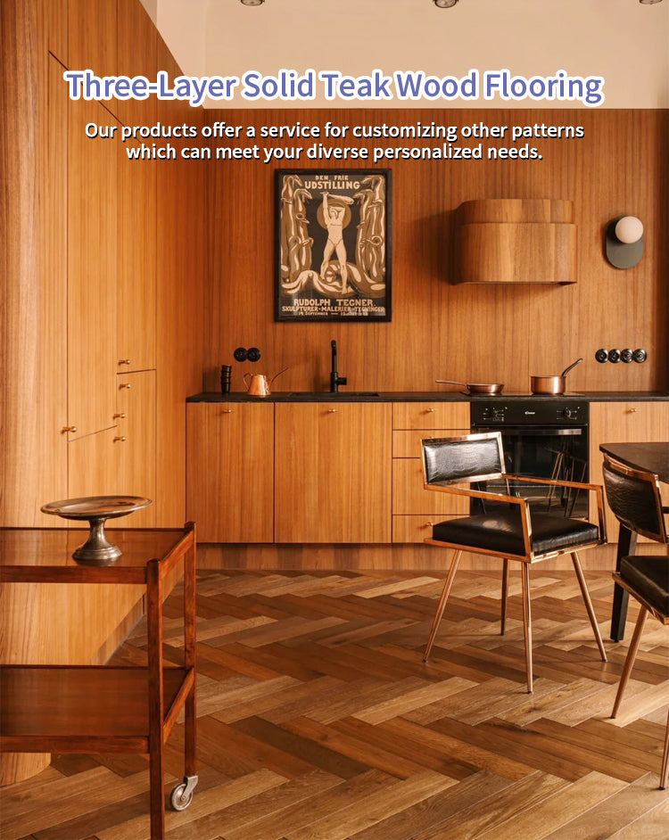 Customizable 12mm Solid Wood Engineered Teak Flooring UV Finish Three Layer Luxury Villa Hotel Basement Interior Exterior