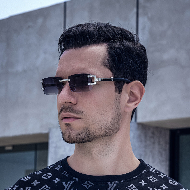 Imitation Wood Grain Leg Retro Sunglasses for Men Fashion Trend Diamond-Studded Rimless Sunglasses Men's Sun Protection Square Frame Glasses Street Style