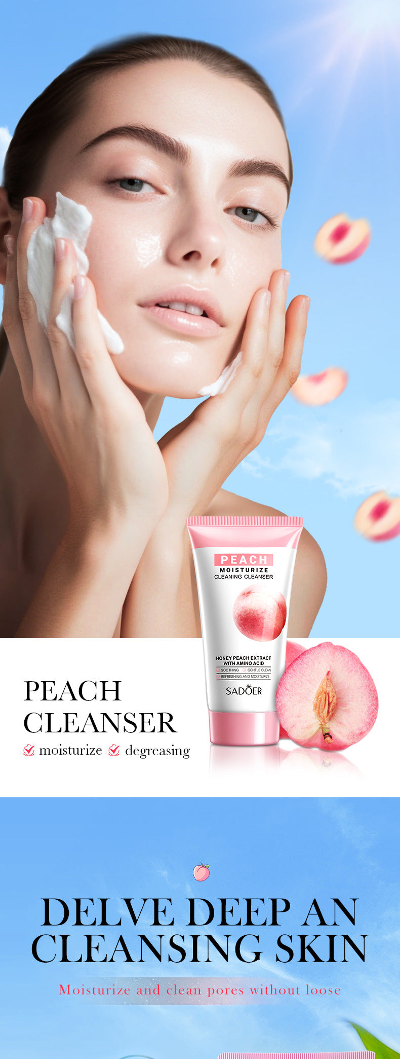 Full English Facial Cleanser150g SADOER Green Tea Cleansing Peach Moisturizing Cleanser  Wholesale