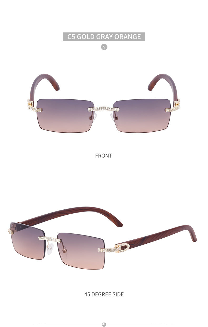 European and American Retro Frameless Men's Sunglasses with Diamond Inlay and Wood Grain Temples New Style Glasses Wholesale shades