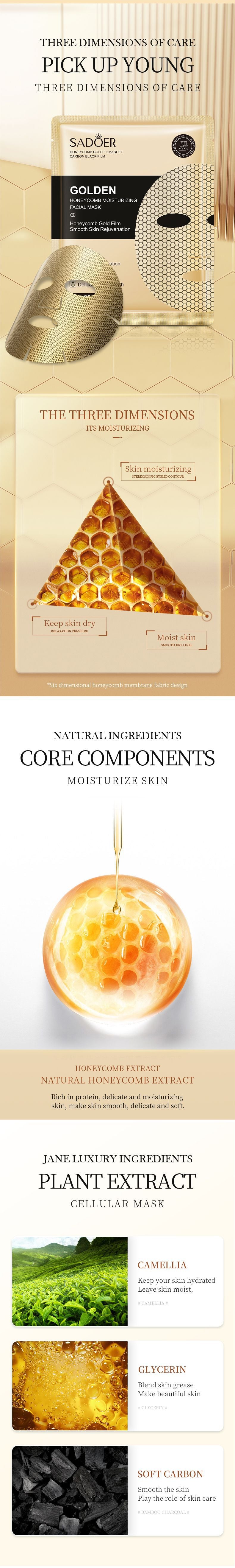 Full English Gold Mask SADOER Golden Honeycomb Mask Sheet Pack Moisture replenishment  Foreign Trade Wholesale