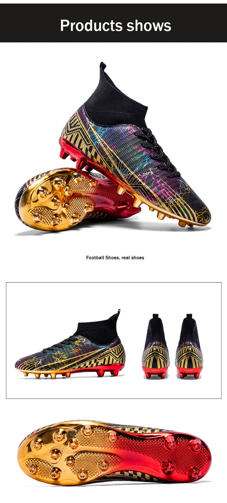 Large Size Men's Soccer Shoes AG Long Spike Gold-Plated Hot Stamping Football Shoes for Youth Professional Competition Training Shoes Wholesale