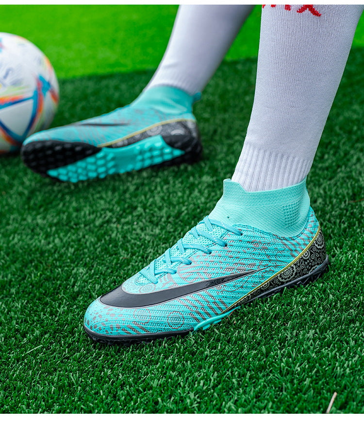 World Cup Same Style Blue and White Porcelain High-top Soccer Shoes for Men and Women, Children and Youth Competition Training Shoes