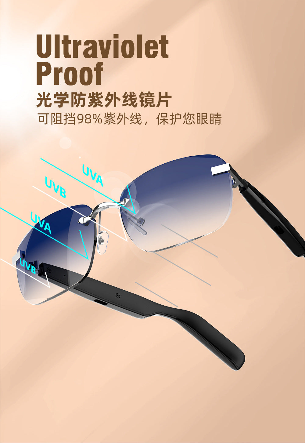 New Fashion Black Technology Smart Bluetooth Glasses UV Protection Call Photo Sunglasses Wireless Headphones Frameless