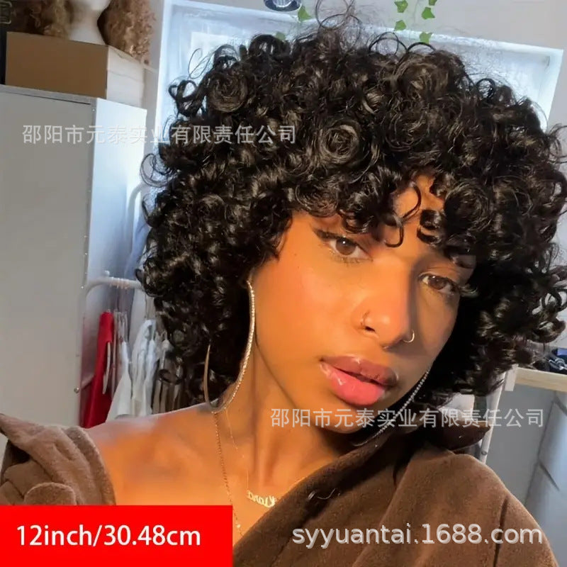 Bouncy Curly Human Hair Wig With Bangs Curly Synthetic Wigs