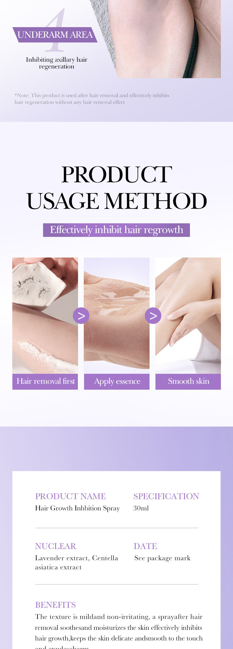 Full English Hair Growth Inhibitor Spray SADOER Inhibiting Underarm and Leg Hair Spray  Wholesale