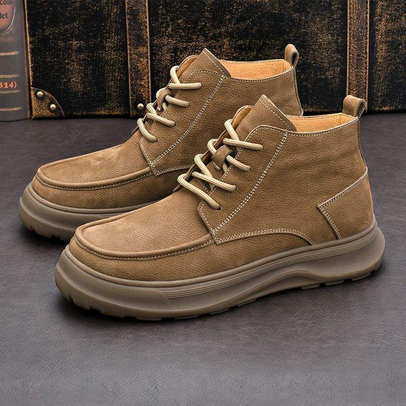 Men's Shoes New Retro Leather Shoes Warm Casual Men's Fleece-Lined Height-Increasing Leather Boots Trendy Martin Boots