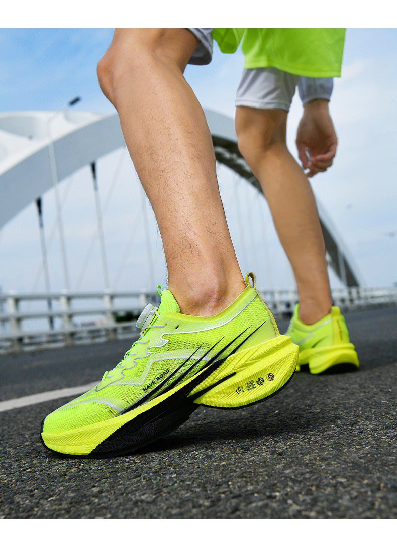 Summer New Hollow Breathable Rotating Buckle Racing Running Shoes Full Palm Carbon Plate Thick Sole Cushioning Sports Shoes