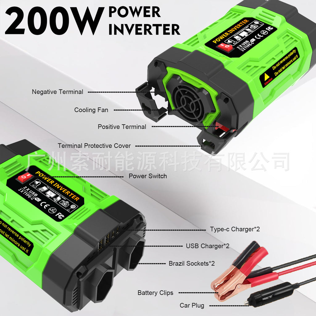 Brazilian Socket Car Inverter200W300W600W12V Turn110V/220V Double Socket USB/Type-C