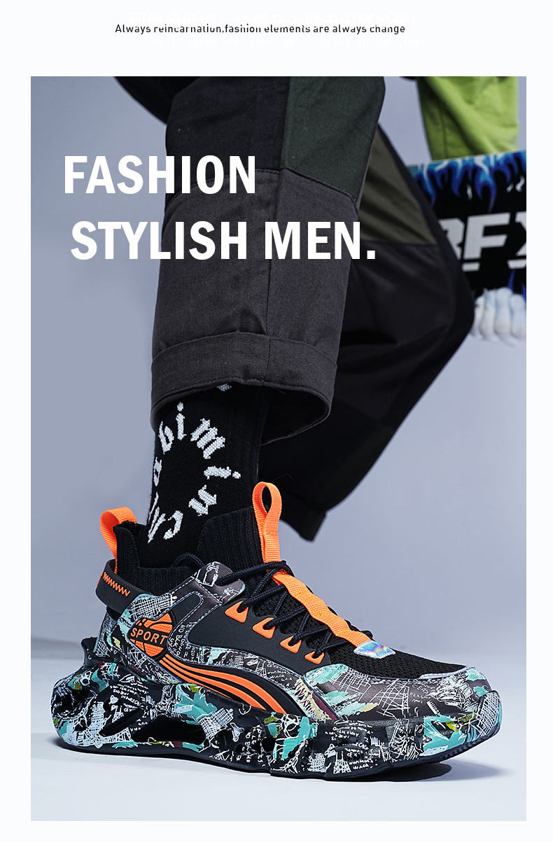 Spring Summer New Style Flyknit Camouflage Blade Men's Shoes Fashion Casual Sports Shoes Shock Absorption Height Increasing Dad Versatile Trendy Shoes
