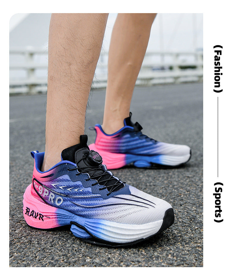 2025Autumn Winter New Breathable Double Mesh Knob Buckle Sports Shoes Couple High Elastic Popcorn Soft Bottom Carbon Plate Running Shoes