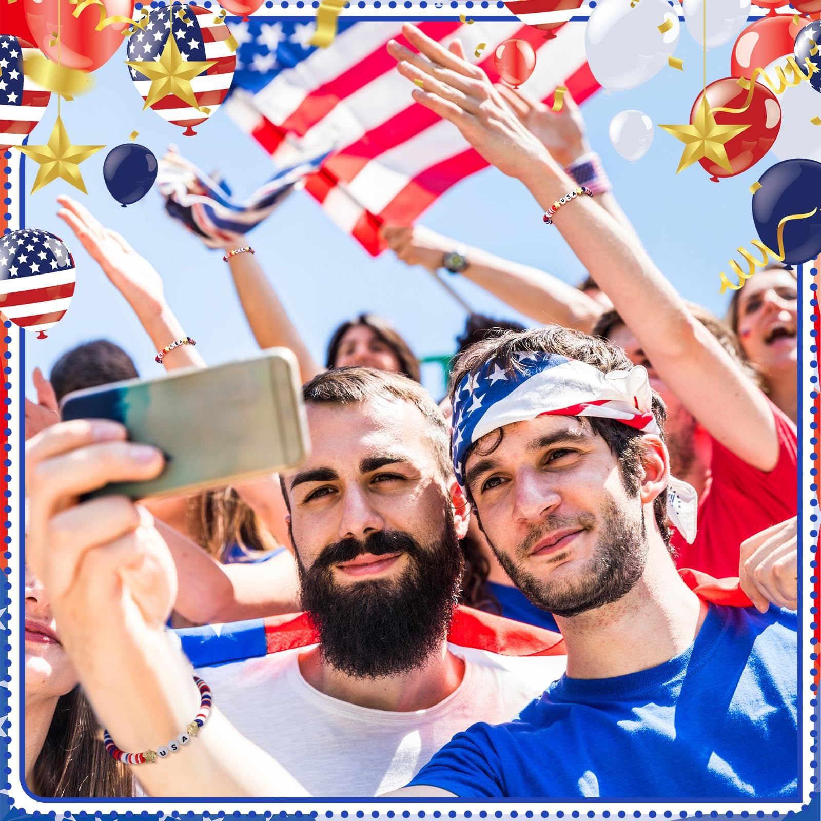 Independence Day Soft Clay Bracelet Set Flag Mixed Color Elastic Beads USA Alphabet Soft Clay Bracelet