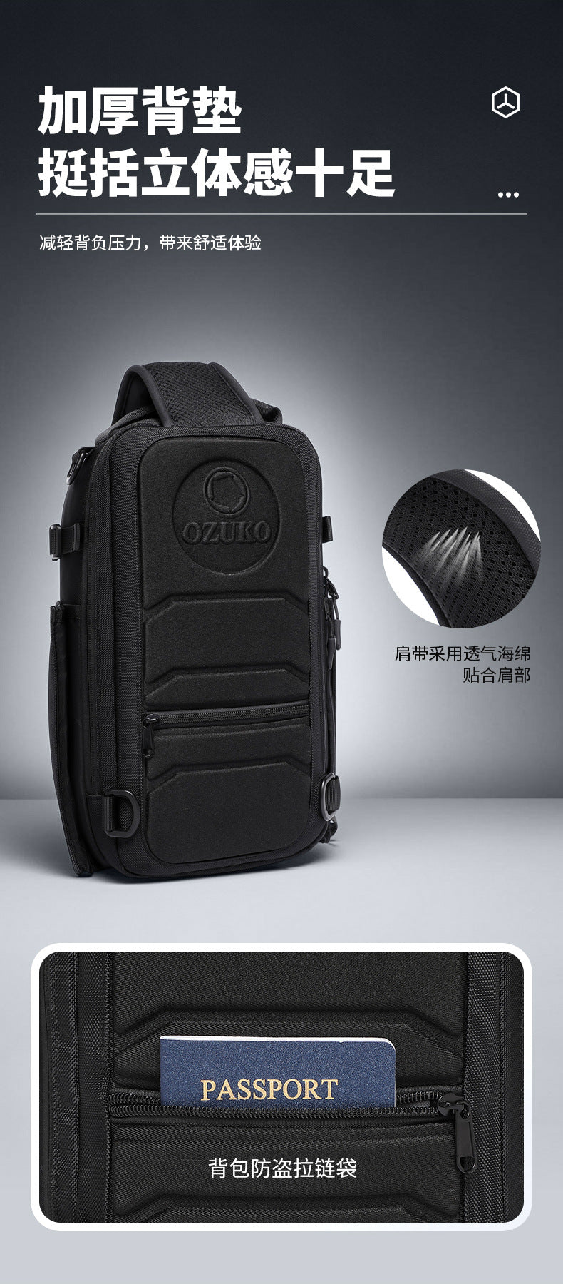 OZUKO Men's Chest Bag Waterproof Multifunctional Crossbody Bag Trendy Portable Small Backpack Large Capacity Single Shoulder Men's Bag