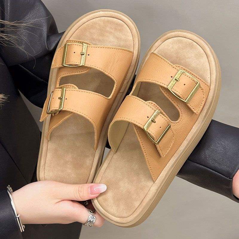 Cowhide Boken Slippers Women's Anti-Slip Soft Bottom2025New summer outer wear French flat beach shoes