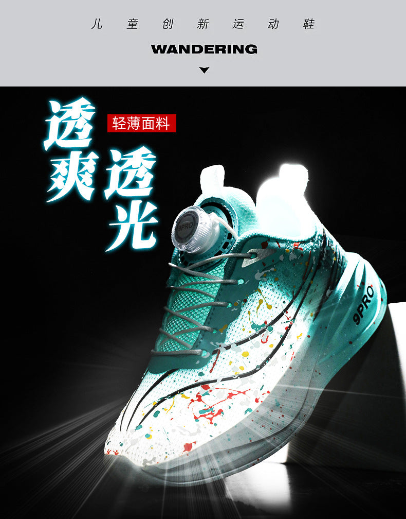 Children's Running Shoes with Rotating Buckle, Breathable Mesh Surface, Ultra-light Soft Sole, Wear-resistant, Non-slip, Racing Sports Shoes for Boys and Girls