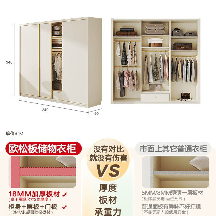 E0European Pine Board Warm White Sliding Door Wardrobe Desk Integrated Set Cream Style Bedroom Home Solid Wood Large Wardrobe