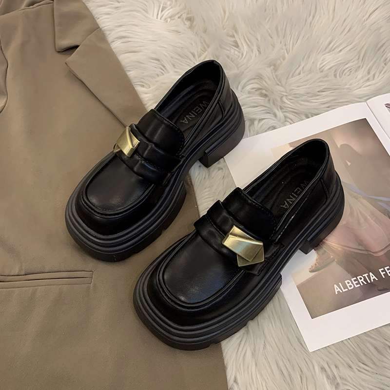 Black Thick Sole Heightening Loafers Women's Shoes2025Spring New Slip-On Shoes British Style Big Toe Small Leather Shoes