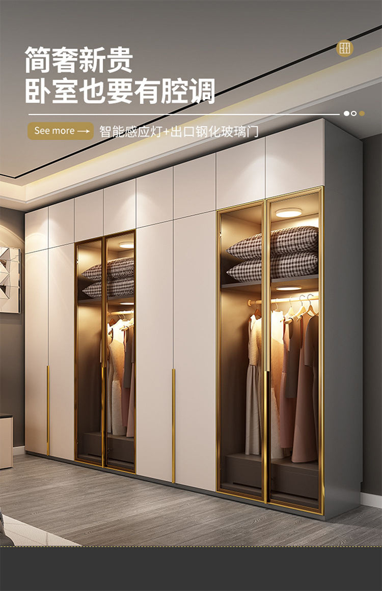 Light Luxury Glass Door Wardrobe Modern Home Bedroom Cloakroom Custom Processing Assembly Wardrobe Storage Large Wardrobe
