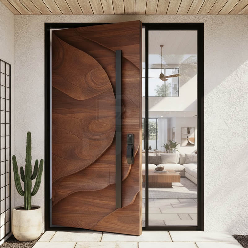Solid Core Solid Wood White Oak Pivot Door Modern Exterior Villa Front Entry Door with Large-size Laminated Glass Side Window