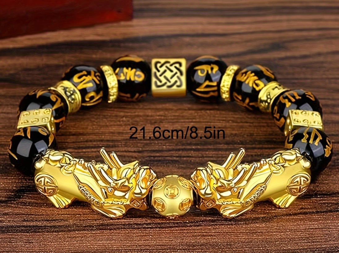 Imitation Obsidian silver Pixiu Bracelet for Women, Wealth-Attracting and Blessing Multi-Gem Bracelet with Six-Word Mantra Buddhist Beads Pixiu Bracelet