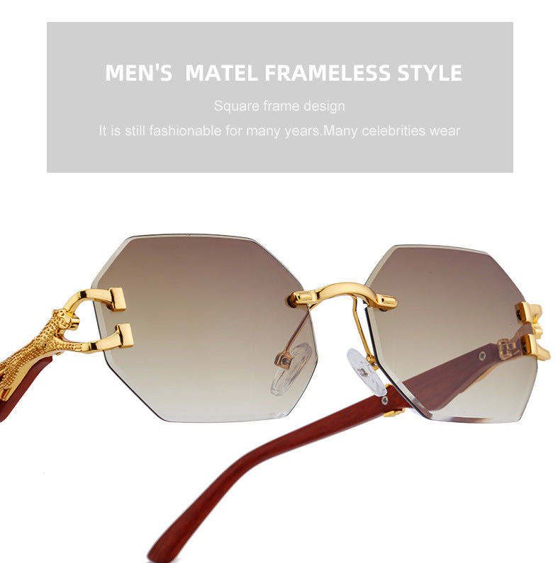 New European and American Retro Frameless Sunglasses for Men with Imitation Wood Grain Temples Wholesale Glasses shades