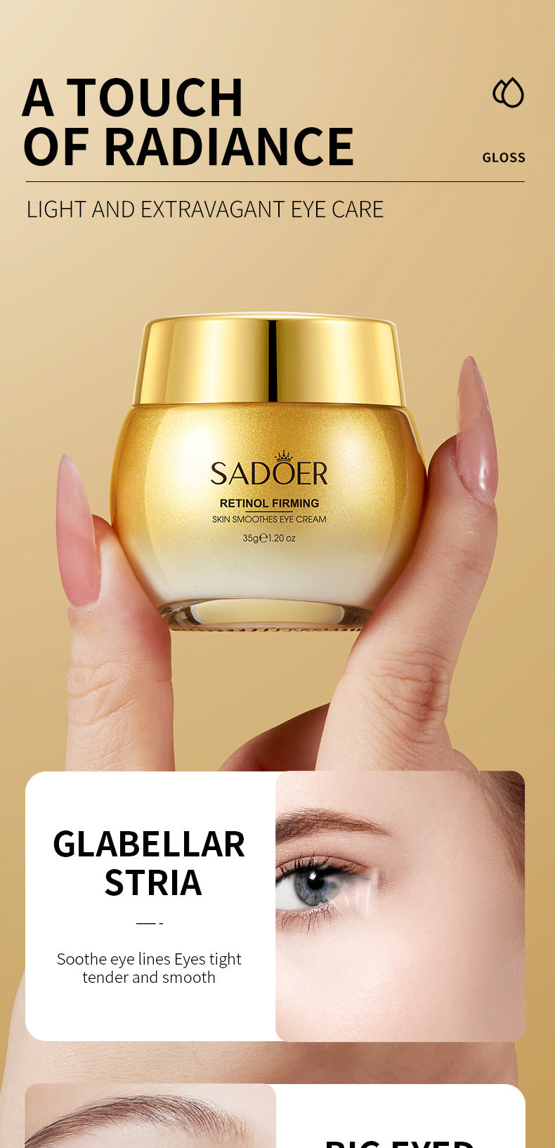 Retinol Eye Cream SADOER Moisturizing and Nourishing, Reduces Dark Circles and Eye Bags, Eye Wrinkles,  Wholesale