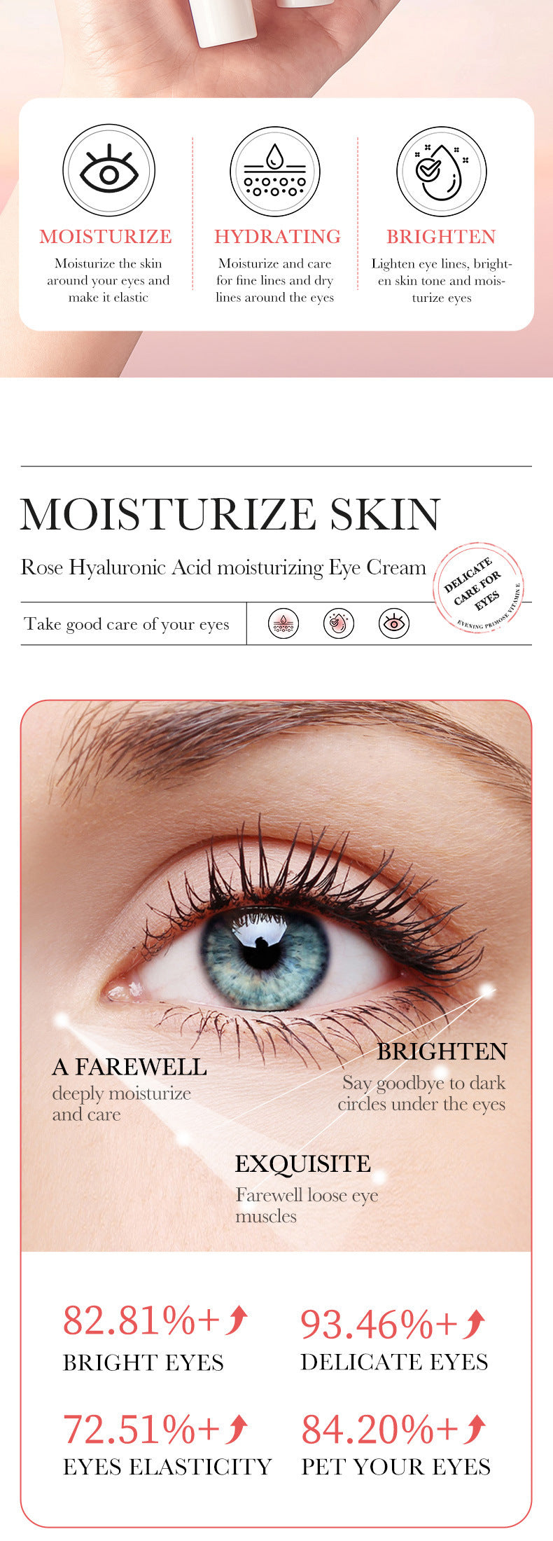 眼霜20克 BIOAOUA 玫瑰米玻尿酸 淡化黑眼圈和眼纹 跨境批发