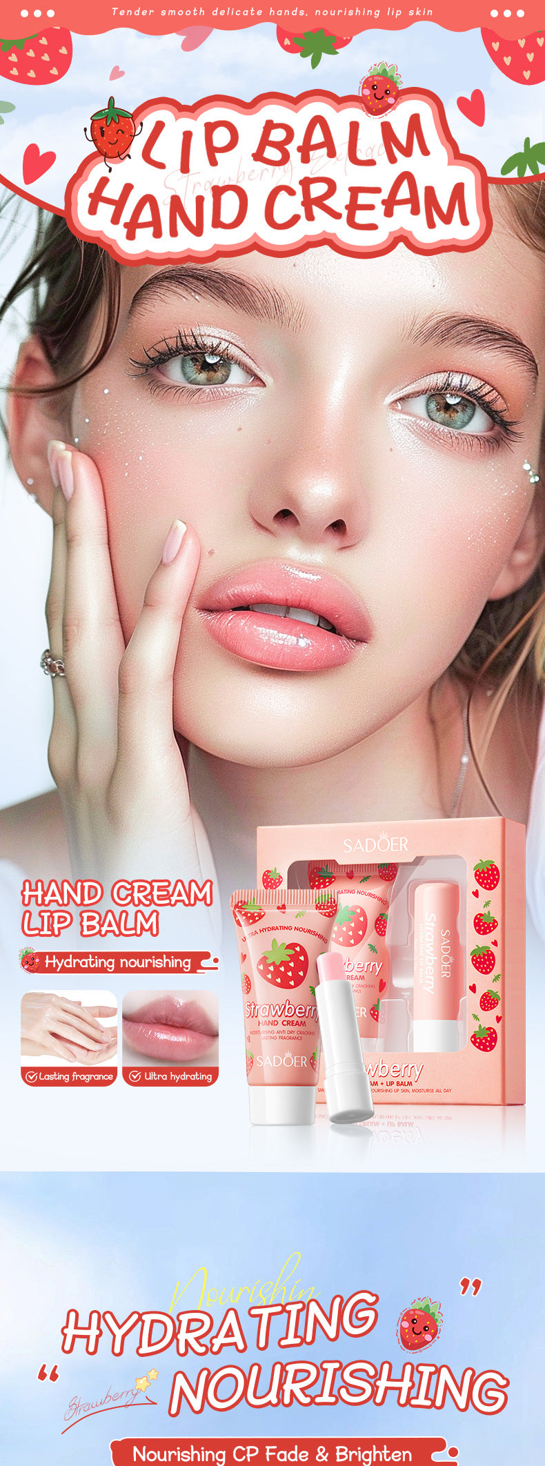 Full English Strawberry Hand Cream Lip Balm Set SADOER Nourishing Autumn and Winter Hand Cream Lip Balm  Wholesale