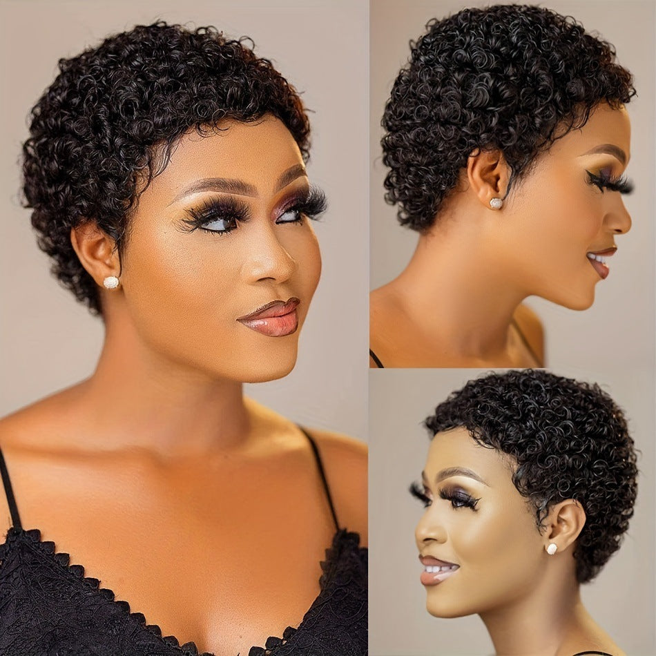 Black Women's Real Hair Wig Short Curly Wool Curl Wig