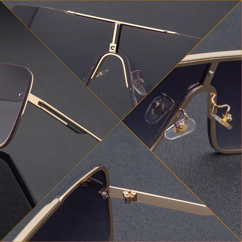 New Large Frame Sunglasses for Men Metal Frame One-piece Fashion Internet Celebrity Square Frame Glasses Trendy Sun Protection Driving Sunglasses