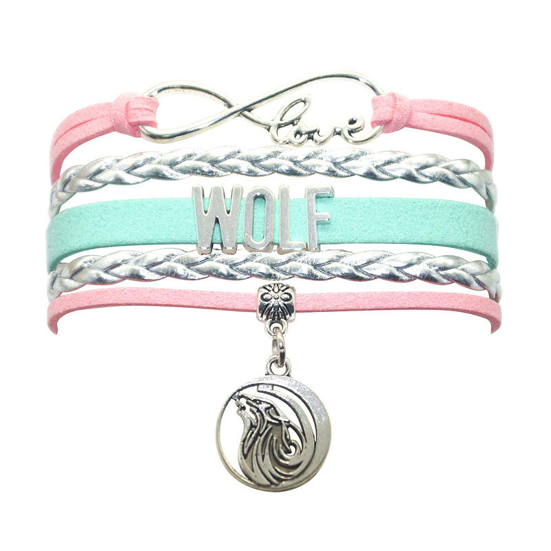 Wolf Dog Pendant Hand-woven Bracelet European and American retro Gift Bracelet wolf Letter Men's Multi-layer Braided Bracelet